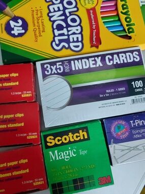 Multiples Office Supply Mix with Bright Colored Pencils and Index Cards
